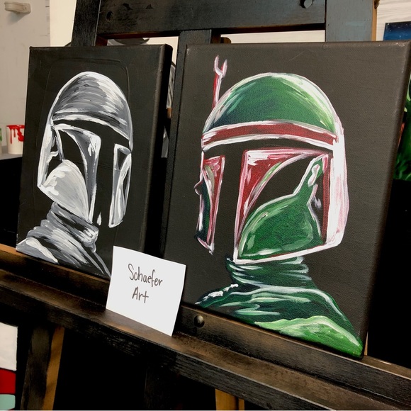 2 Piece SET Mandalorian and Boba Fett Painting - Fun Art - Wall Decor - Picture 2 of 3